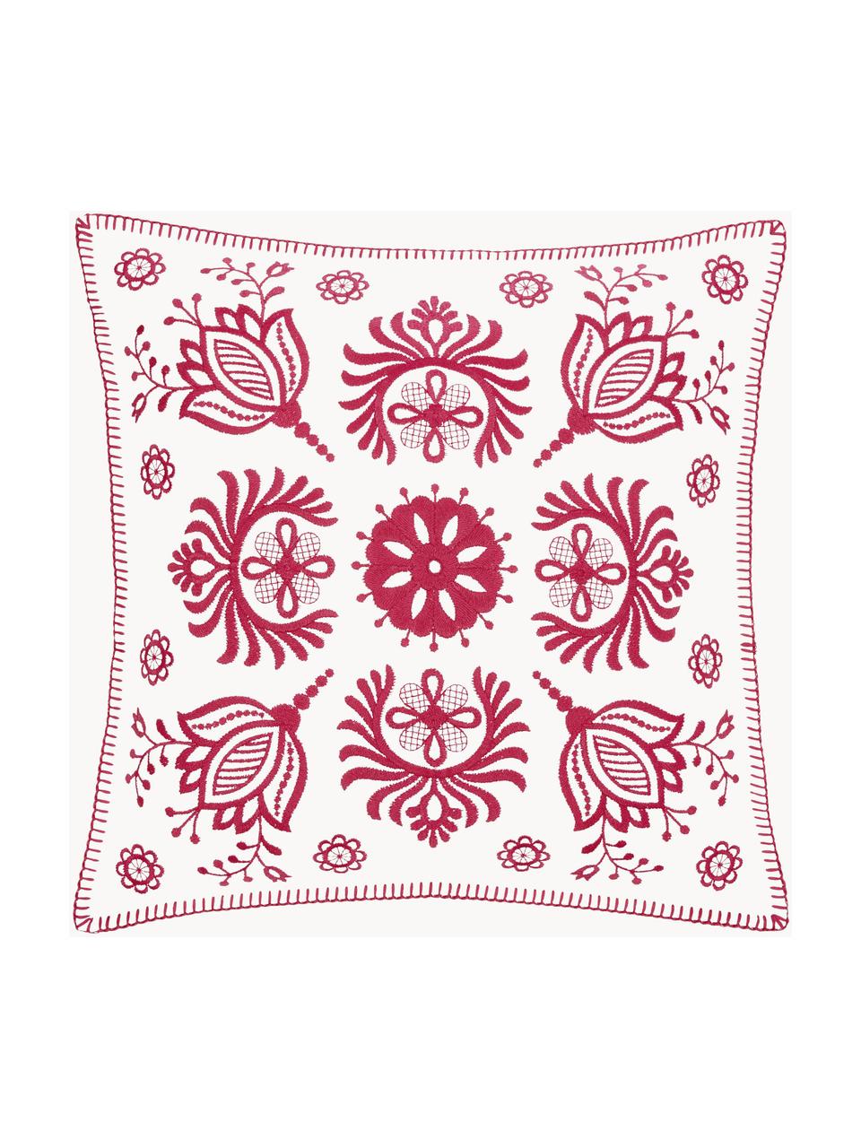 Baumwoll-Kissenhülle Folk mit besticktem Muster, 100% Baumwolle, Pink, Weiß, B 45 x L 45 cm