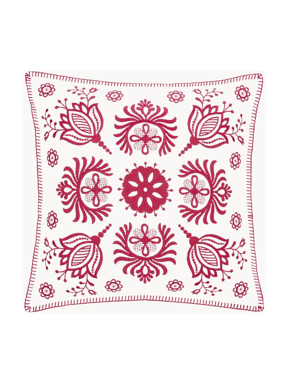 Housse de coussin ethnique 45x45 coton brodé Folk, 100 % coton, Rose, blanc, larg. 45 x long. 45 cm