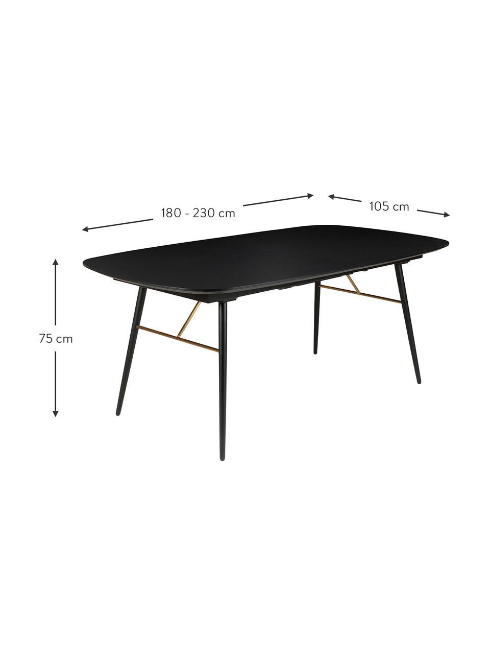 Tavolo allungabile con finitura in quercia Verona, Piano d'appoggio: pannelli di fibra a media, Nero, ottone, Larg. 180 a 230 x Prof. 105 cm