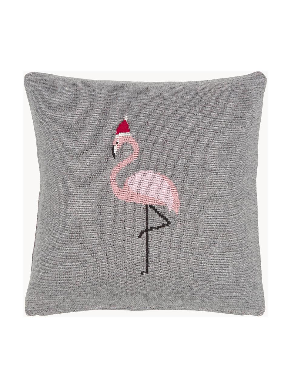 Gebreide kussenhoes Flamingo, 100% katoen, Grijs, lichtroze, B 40 x L 40 cm