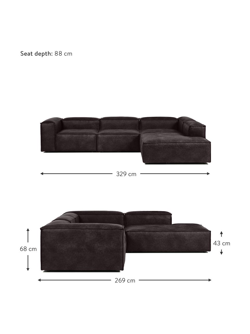 Canapé d'angle XL modulable en cuir recyclé Lennon, Cuir brun-gris, larg. 329 x haut. 68 cm, méridienne à droite