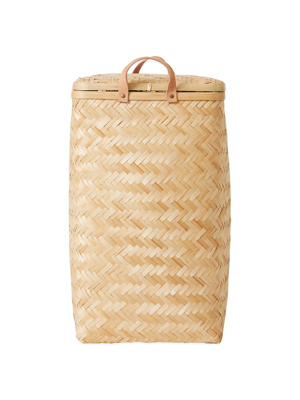 Bambus-Wäschekorb Sporta, Außen: Bambus, Innen: Baumwolle, Griffe: Leder, Bambus, B 34 x H 56 cm
