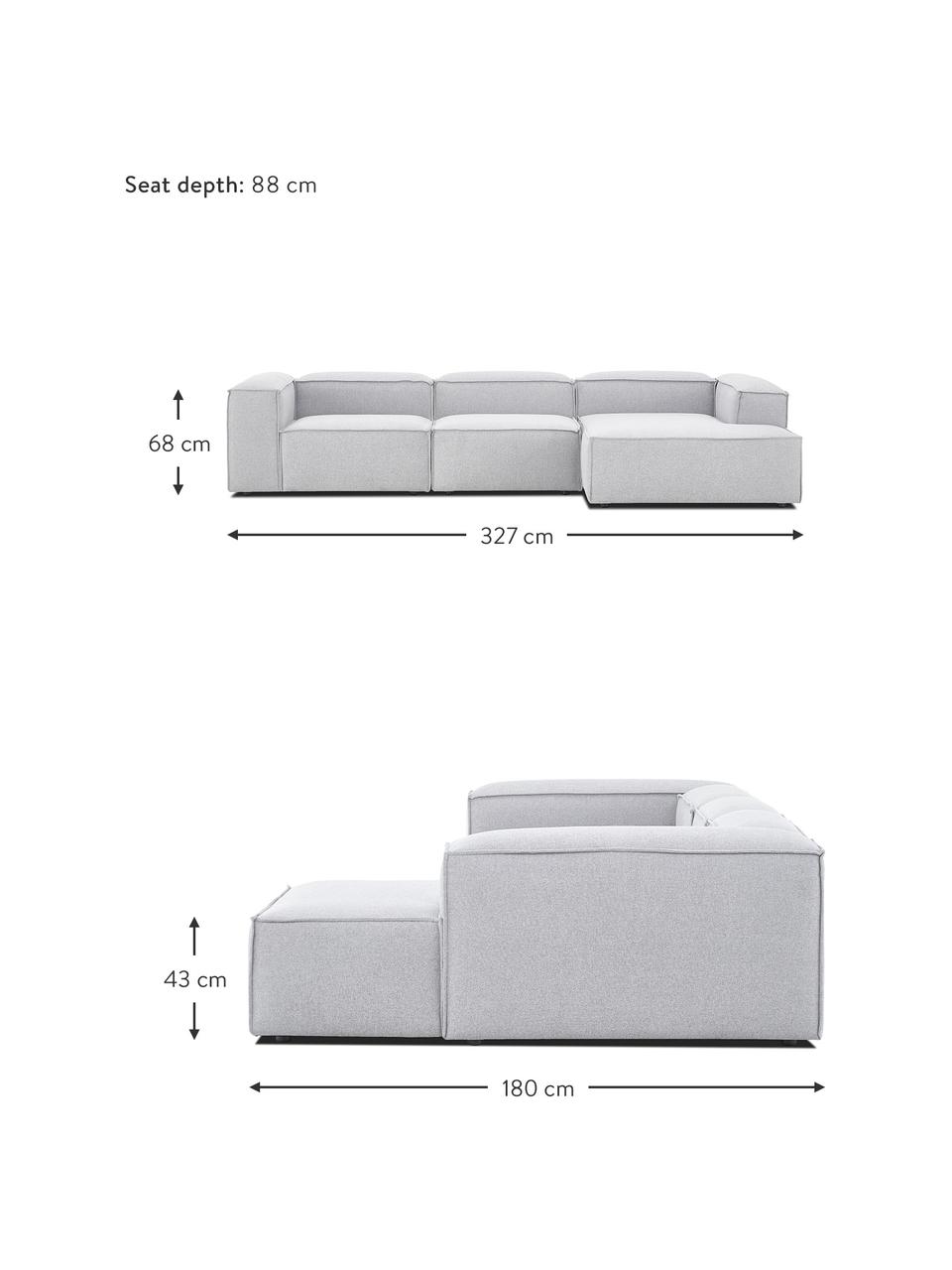 Divano angolare componibile Lennon, Rivestimento: 100% poliestere Con 115.0, Struttura: legno di pino massiccio, , Piedini: plastica, Tessuto grigio chiaro, Larg. 327 x Prof. 180 cm, chaise-longue a destra