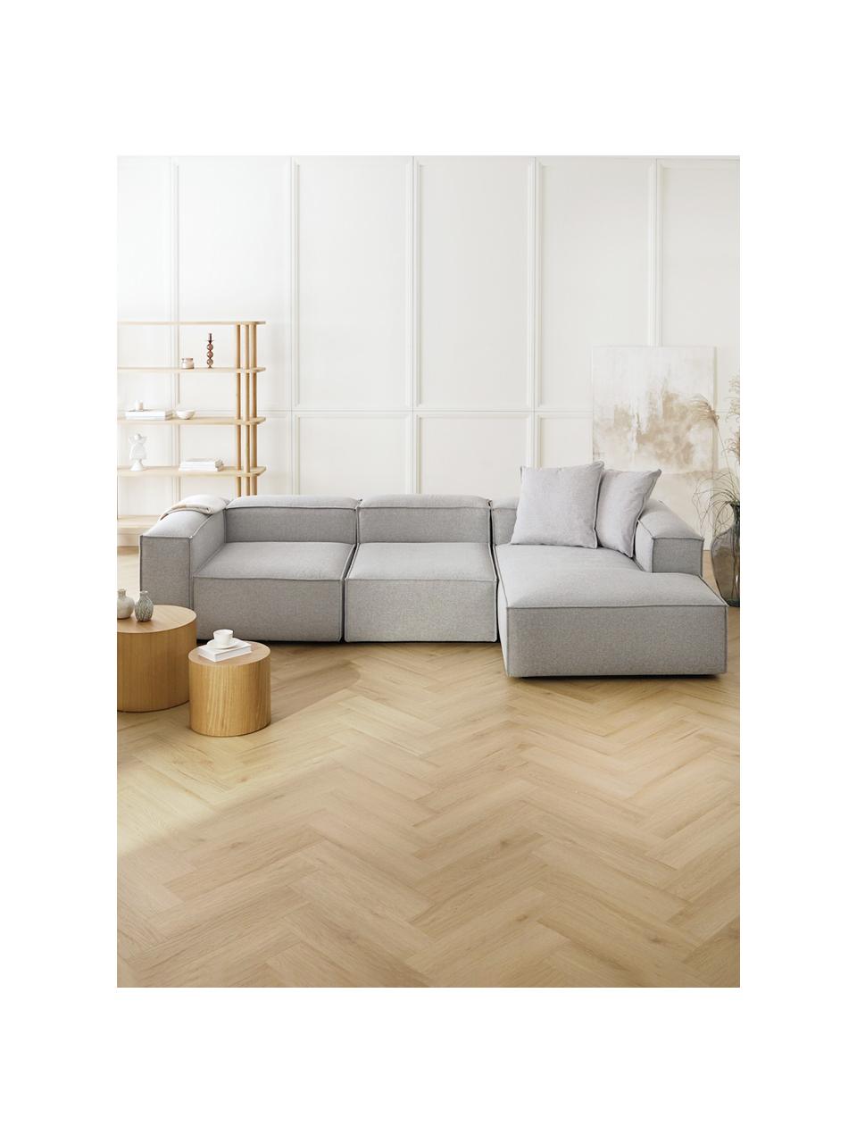 Narożna sofa modułowa Lennon, Tapicerka: 100% poliester Dzięki tka, Stelaż: lite drewno sosnowe z cer, Nogi: tworzywo sztuczne, Jasnoszara tkanina, S 327 x G 180 cm, prawostronna