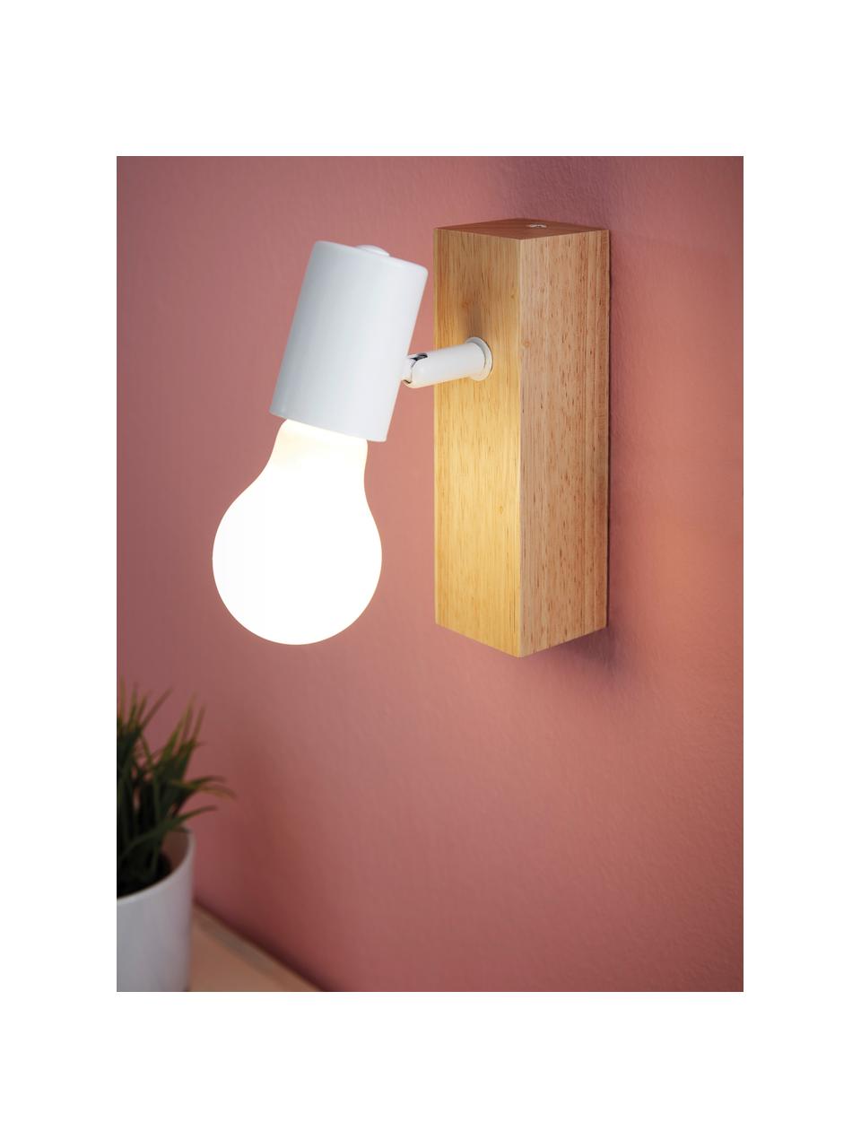 Verstelbare wandlamp Townshend van hout, Fitting: gecoat metaal, Wit, helder hout, D 12 x H 17 cm