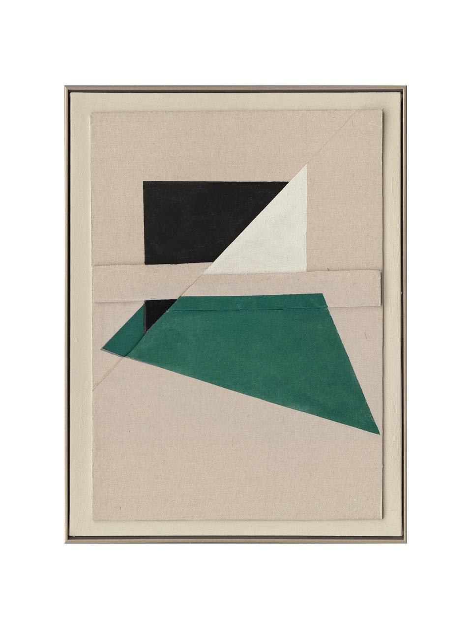 Ręcznie malowany oprawiony obraz na płótnie Green Shapes, Stelaż: drewno sosnowe, Beżowy, ciemny zielony, złamana biel, czarny, S 60 x W 80 cm