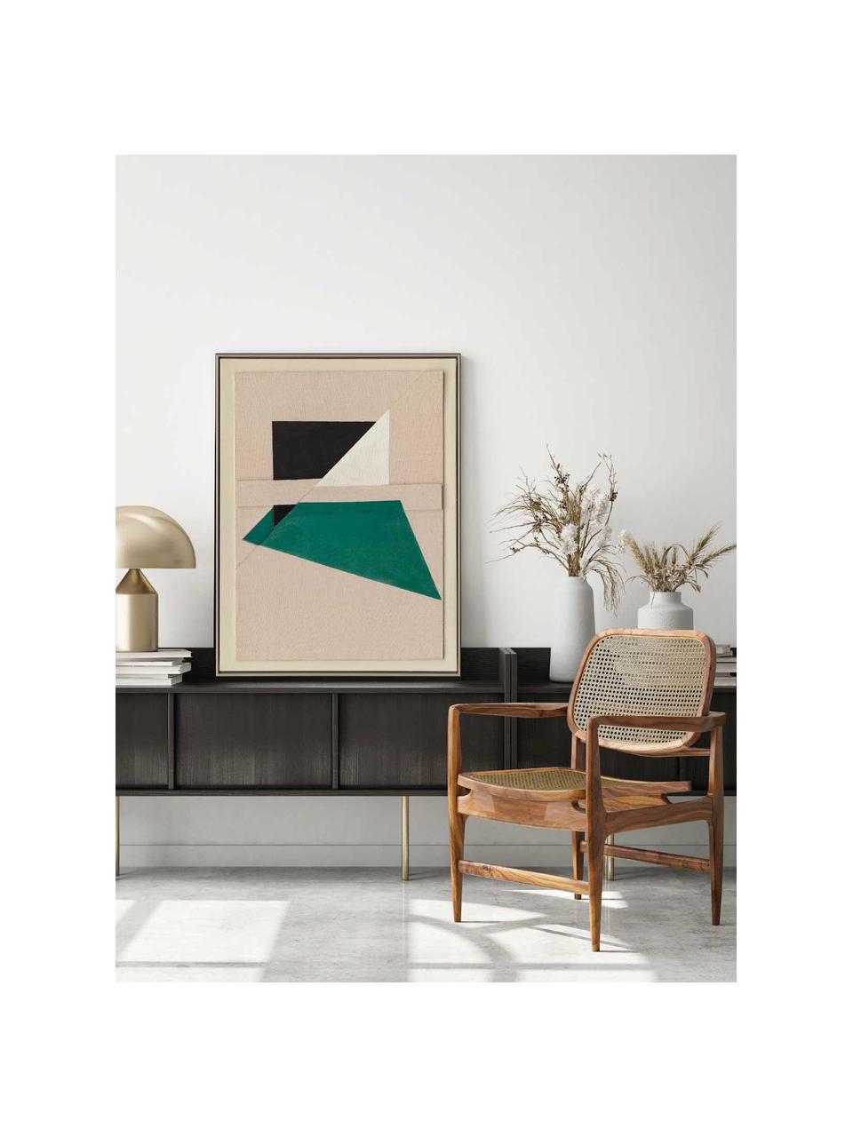 Handbeschilderde canvasdoek Green Shapes met frame, Frame: kunststof, Beige, donkergroen, gebroken wit, zwart, B 60 x H 80 cm