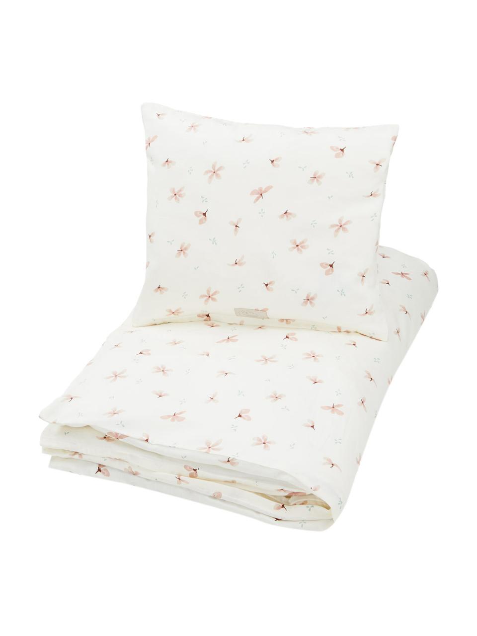 Parure copripiumino in raso di cotone organico Windflower, 100% raso di cotone organico certificato GOTS, Bianco crema, rosa, fantasia, 100 x 135 cm + 1 federa 40 x 60 cm