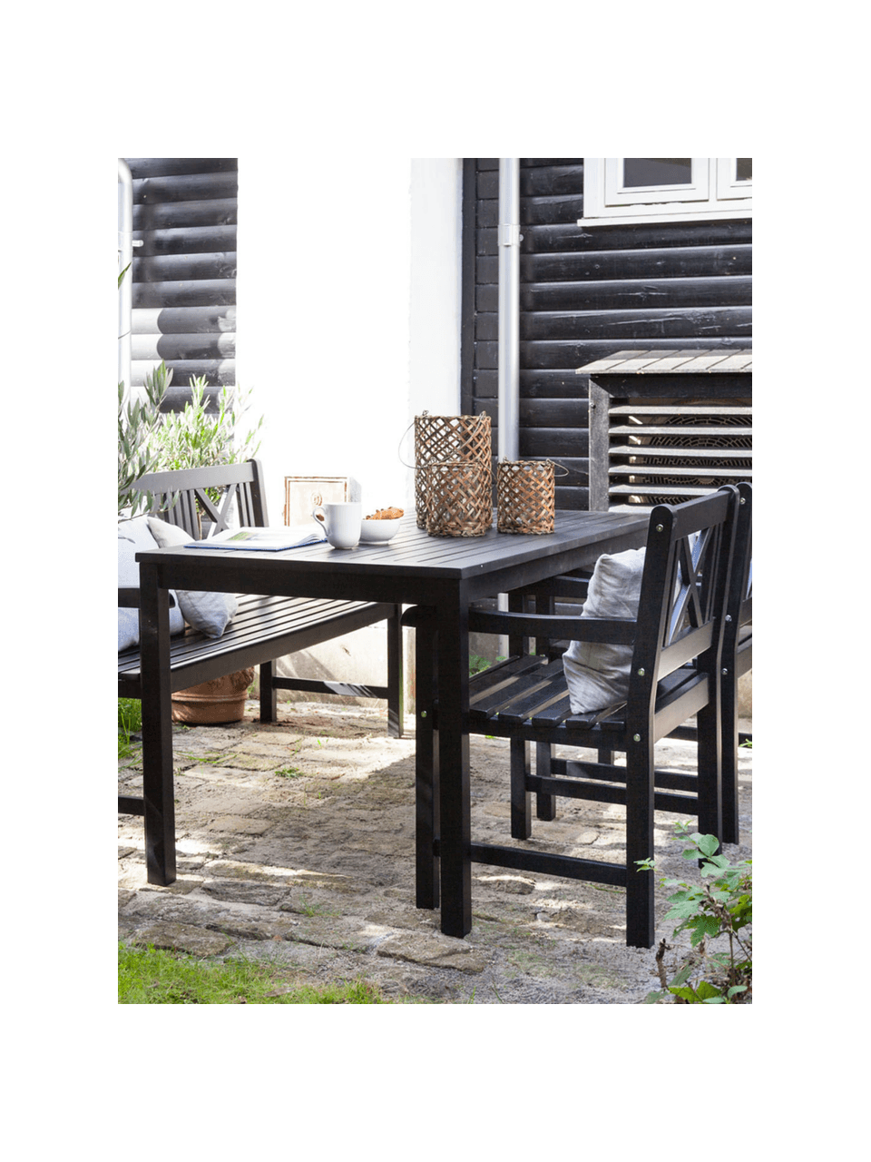 Mesa de comedor para jardínn de madera Rosenborg, Madera de caoba, lacado con poliuretano, Negro, An 165 x Al 75 cm