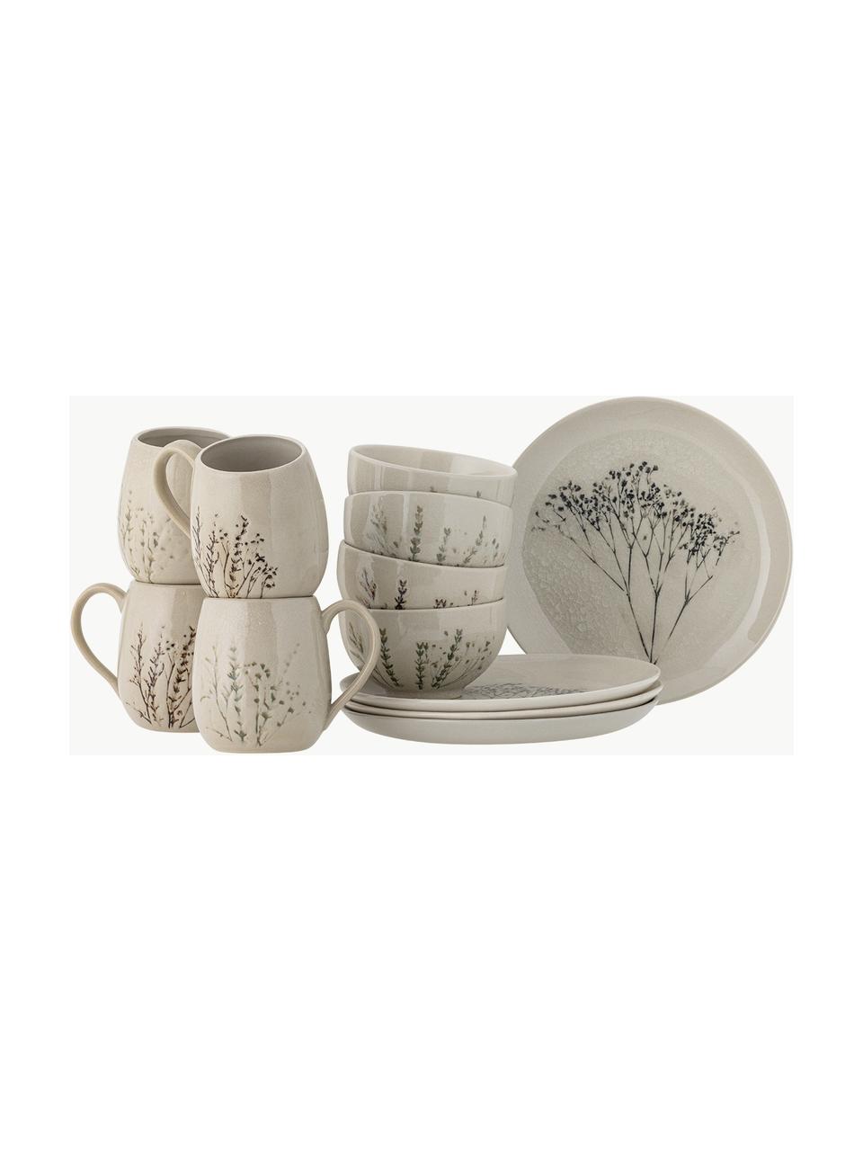 Handgemachtes Frühstücks-Set Bea mit Gräser-Motiv, 4 Personen (12-tlg.), Steingut, Beige, Mehrfarbig, 4 Personen (12-tlg.)