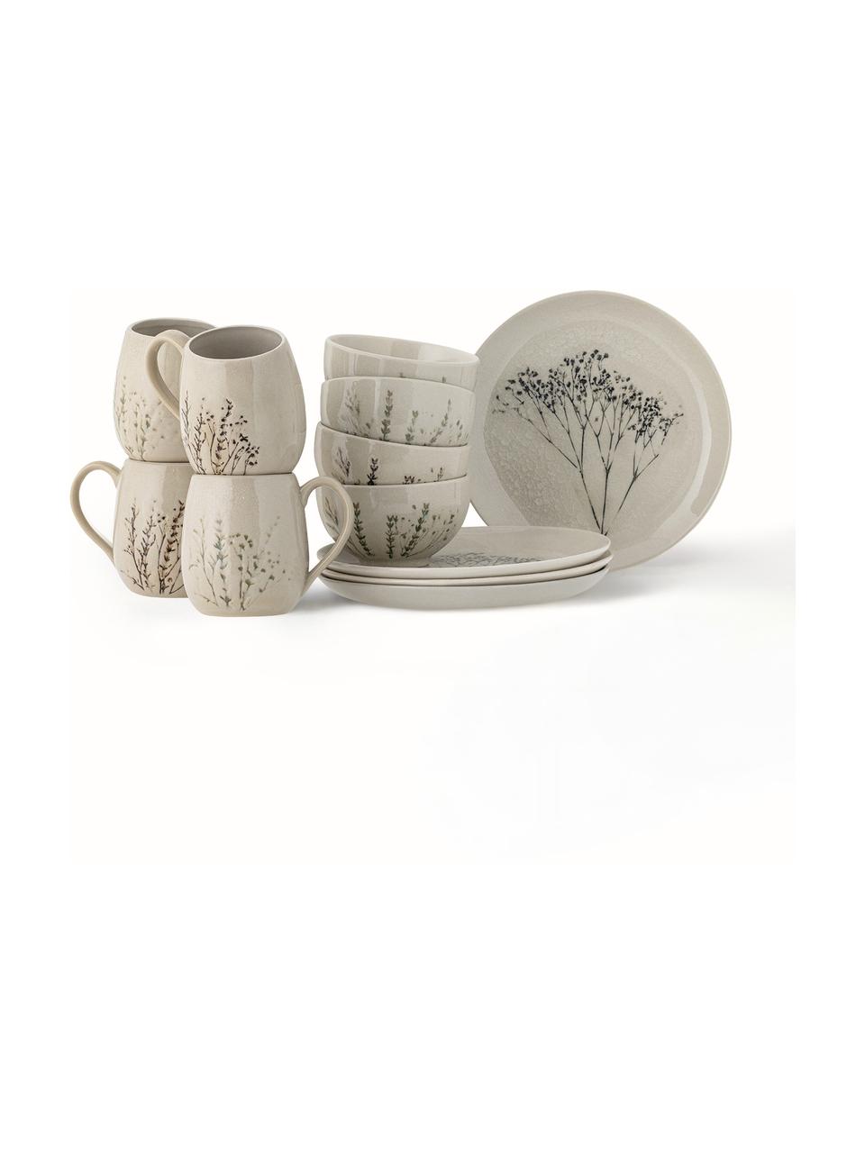 Handgemachtes Frühstücks-Set Bea mit Gräser-Motiv, 4 Personen (12-tlg.), Steingut, Beige, Mehrfarbig, 4 Personen (12-tlg.)