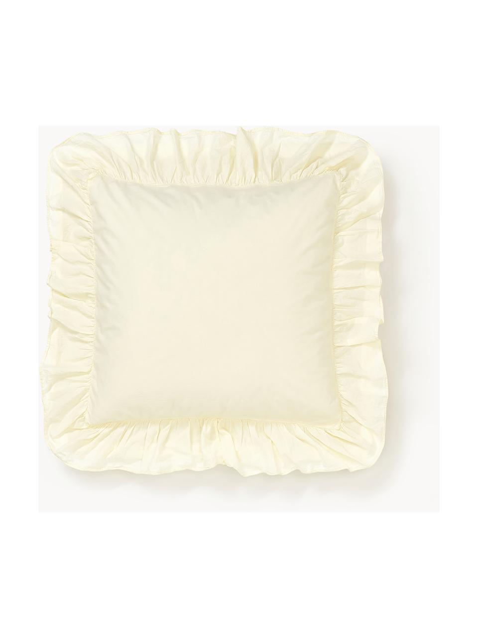 Taie d'oreiller en percale de coton délavé avec volants Louane, Jaune pâle, larg. 50 x long. 70 cm