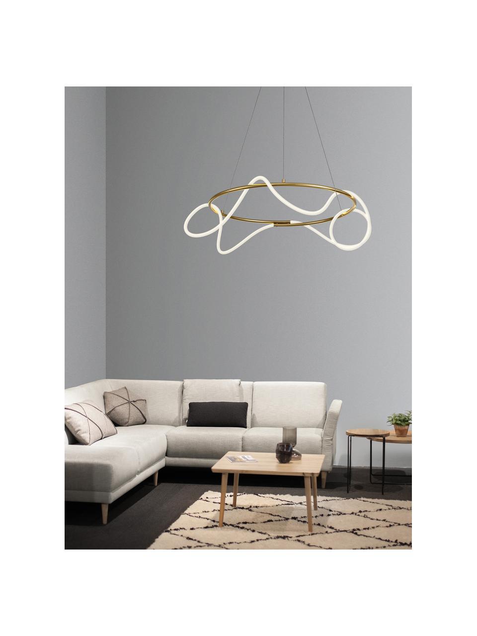 Große LED-Pendelleuchte Tiriac, Lampenschirm: Acryl, Baldachin: Aluminium, beschichtet, Weiß, Goldfarben, Ø 70 x H 120 cm