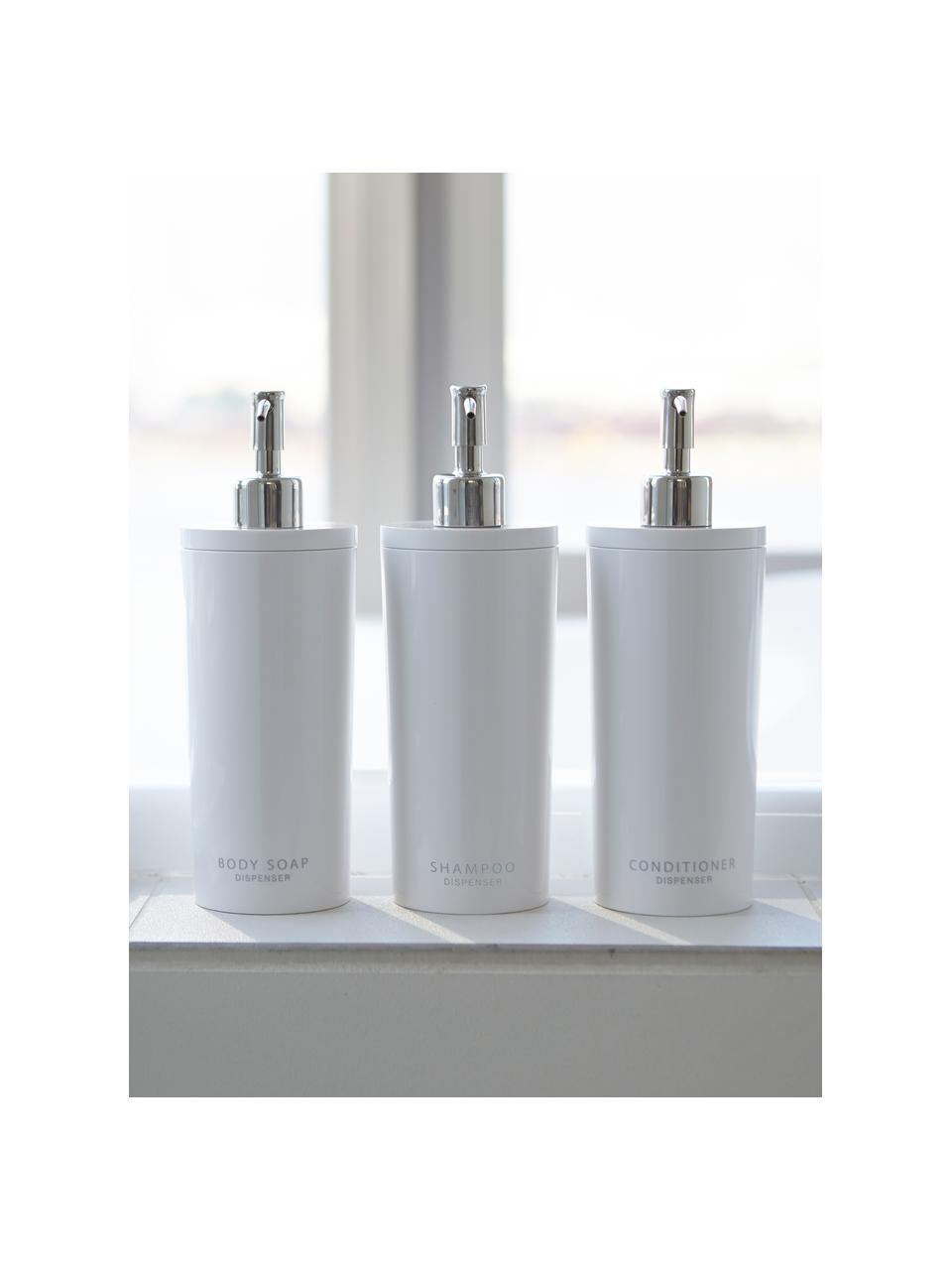 Dosificador de jabón Tower, Recipiente: plástico, Dosificador: acero cepillado, Blanco, Ø 8 x Al 23 cm