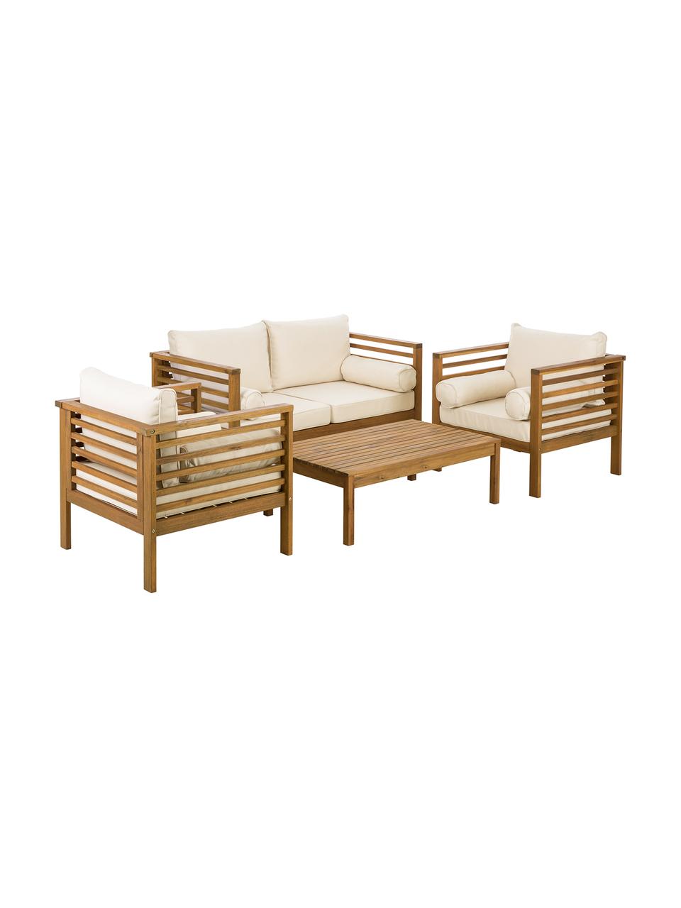 Tuin loungeset Bo, 4-delig, Frame: massief geolied acaciahou, Hoes: beige, frame: acaciahout, Set met verschillende groottes