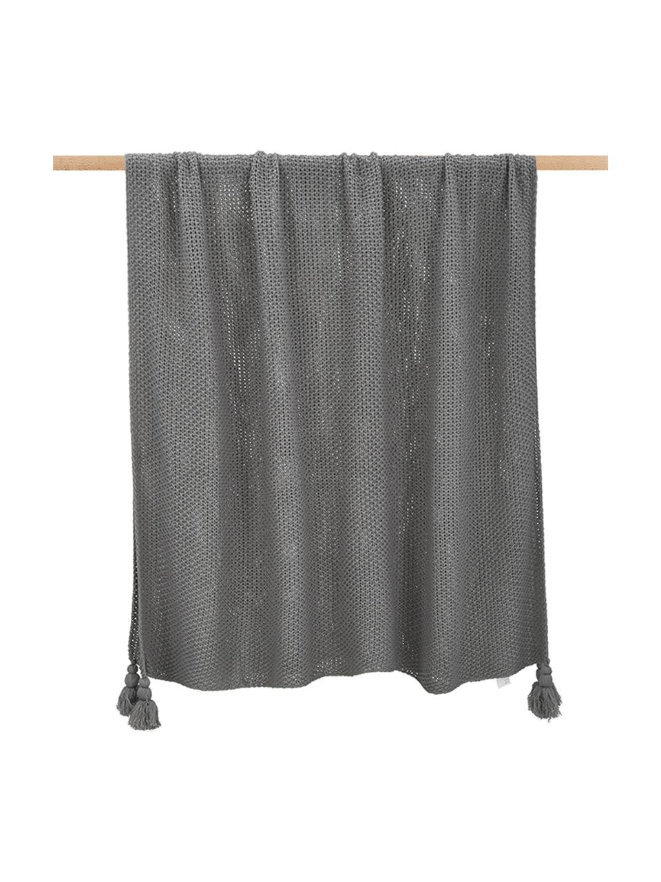 Leichte Strickdecke Lisette in Grau mit Quasten, 100% Polyacryl, Grau, 130 x 170 cm