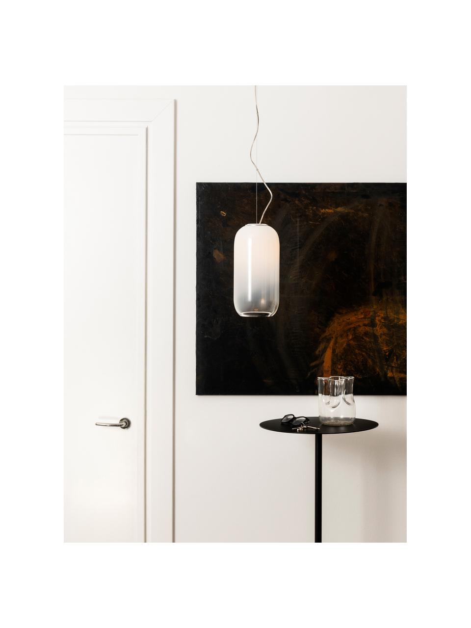 Kleine hanglamp Gople, mondgeblazen, Lampenkap: mondgeblazen glas, Wit, zilverkleurig, Ø 15 x H 29 cm