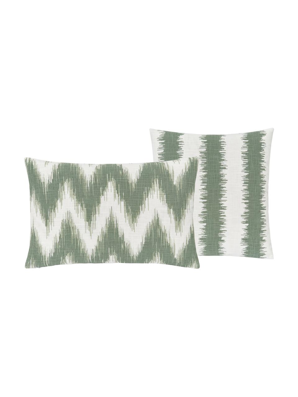 Set 2 federe arredo con motivo etnico color verde salvia/verde chiaro ikat Hasan, 100% cotone, Verde, bianco, Larg. 30 x Lung. 50 cm, Larg. 40 x Lung. 40 cm