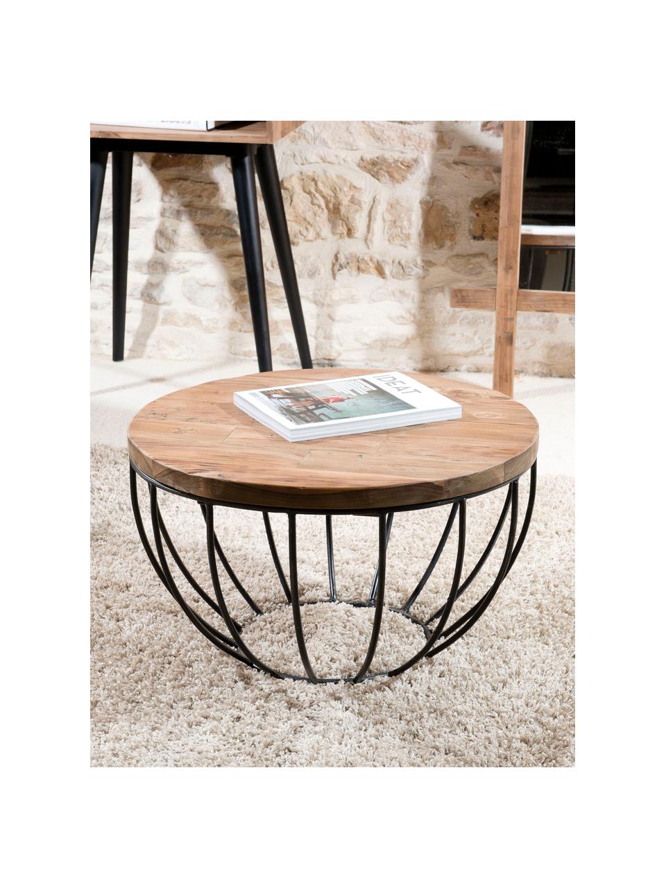 Mesa de centro redonda de teca Sixtine, Tablero: madera de teca, Estructura: metal pintado, Teca, negro, Ø 60 x Al 35 cm