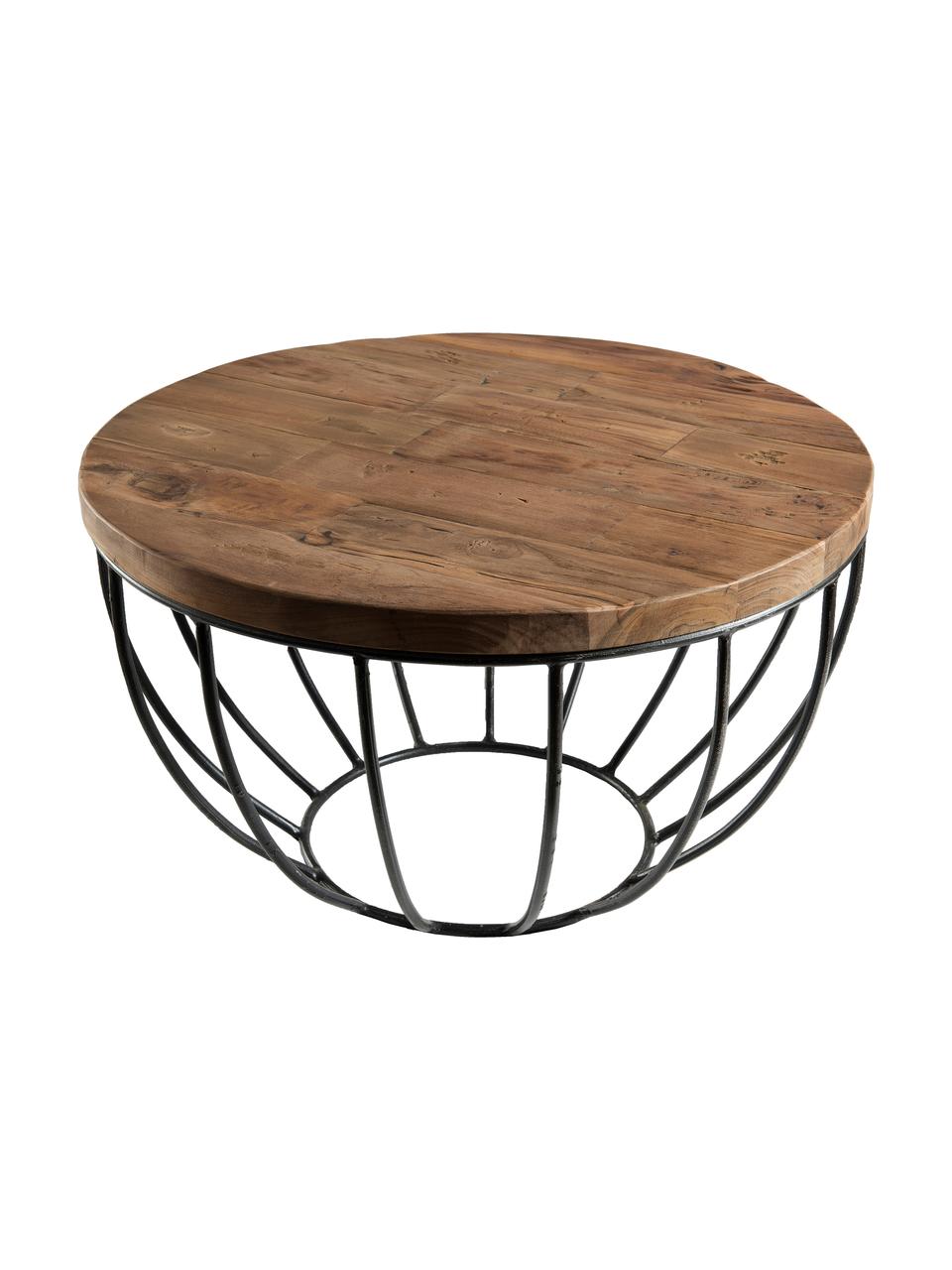 Mesa de centro redonda de teca Sixtine, Tablero: madera de teca, Estructura: metal pintado, Teca, negro, Ø 60 x Al 35 cm