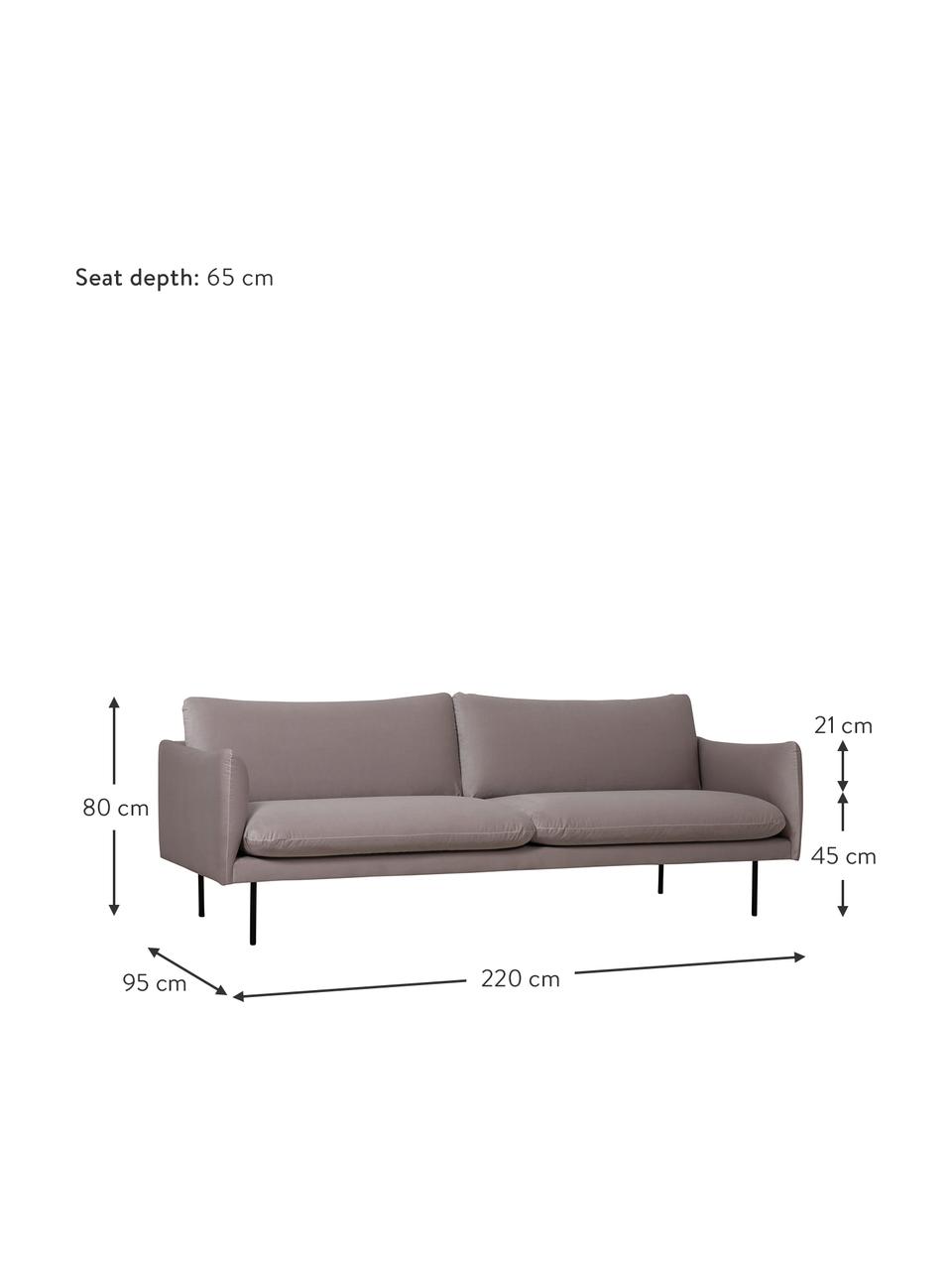 Canapé 3 places en velours et pieds en métal Moby, Velours taupe, larg. 220 x haut. 95 cm