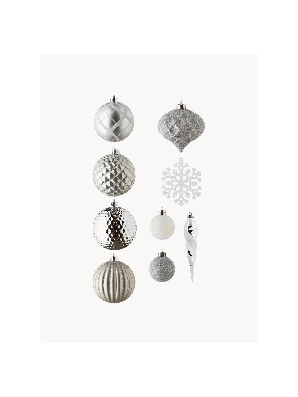 Set addobbi per albero infrangibili Valerie 50 pz, Plastica infrangibile, Argentato, bianco, Set in varie misure