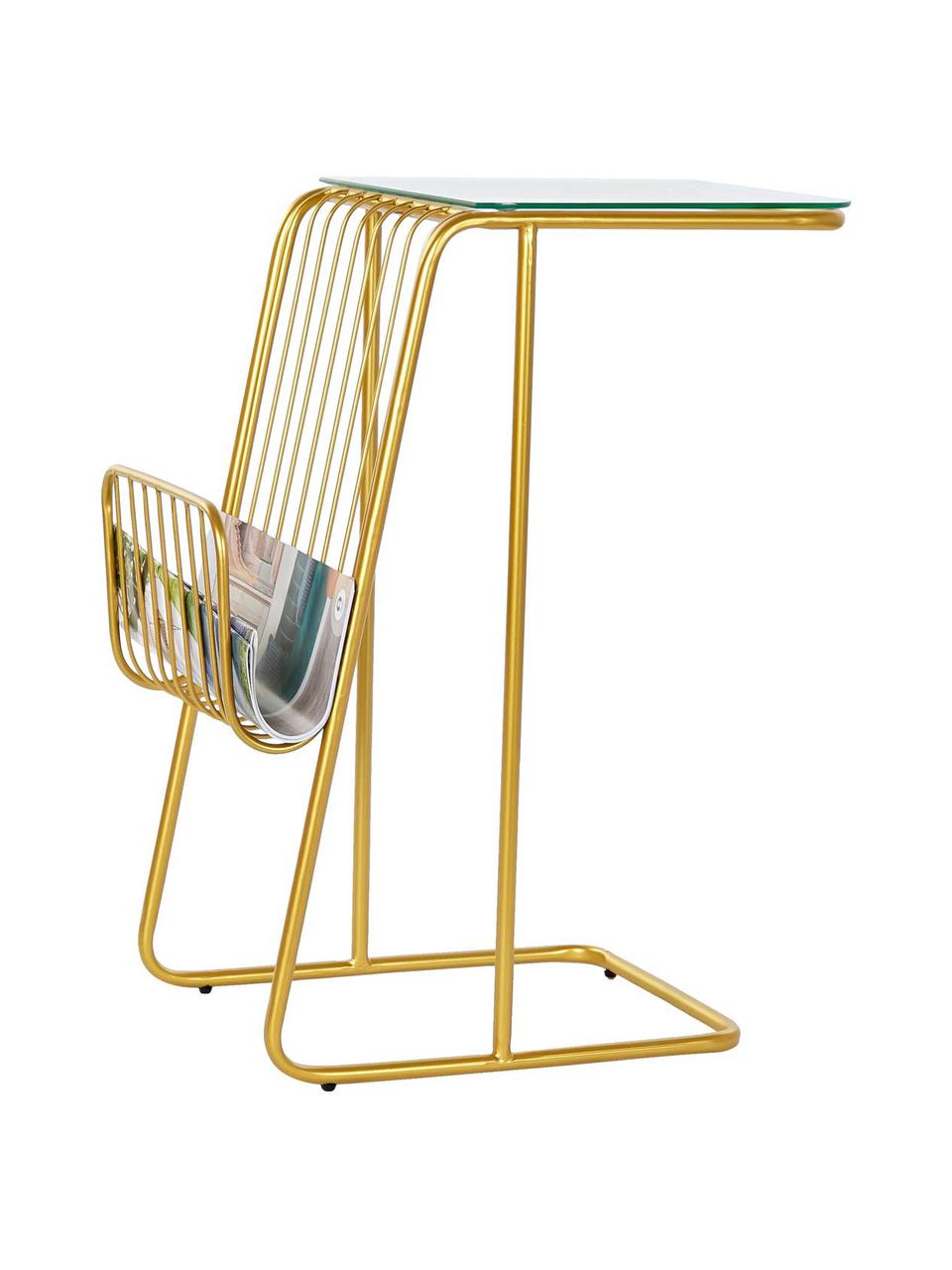 Kovový pomocný stolík s držiakom na časopisy Diva, Odtiene zlatej, priehľadná, čierna