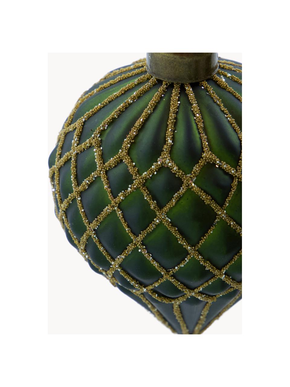 Décorations de sapin de Noël soufflées bouche Hinda, 4 pièces, Verre, Vert foncé, doré, Ø 7 x haut. 10 cm