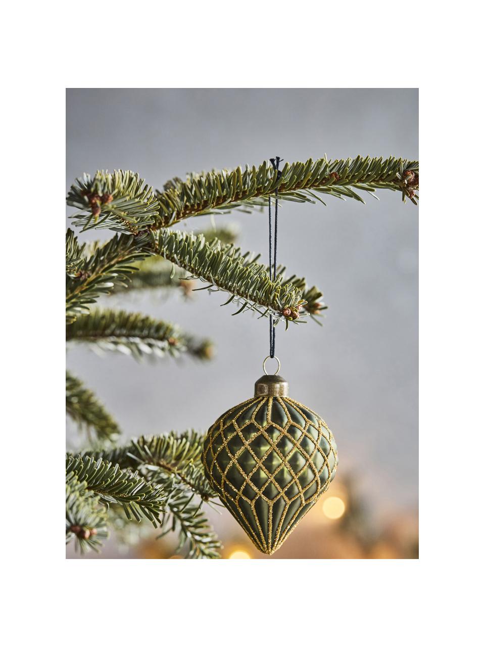 Décorations de sapin de Noël soufflées bouche Hinda, 4 pièces, Verre, Vert foncé, doré, Ø 7 x haut. 10 cm