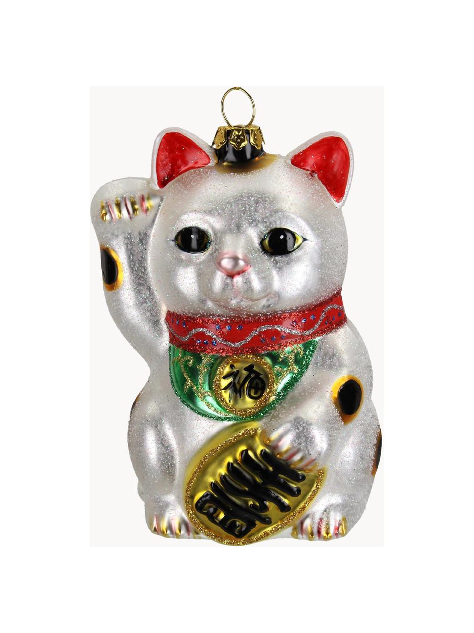 Baumanhänger Fortune Cat, Glas, Silberfarben, Bunt, B 7 x H 11 cm