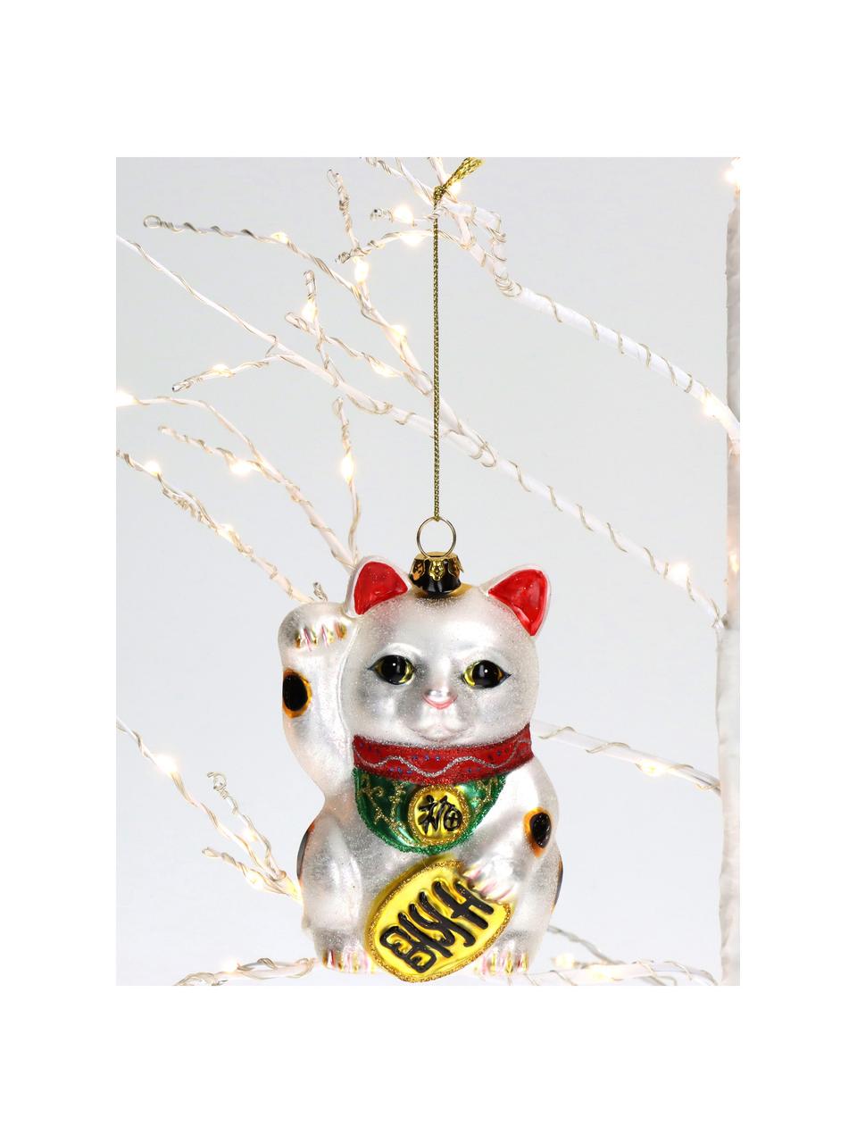 Adorno navideño Fortune Cat, Vidrio, Plateado, multicolor, An 7 x Al 11 cm