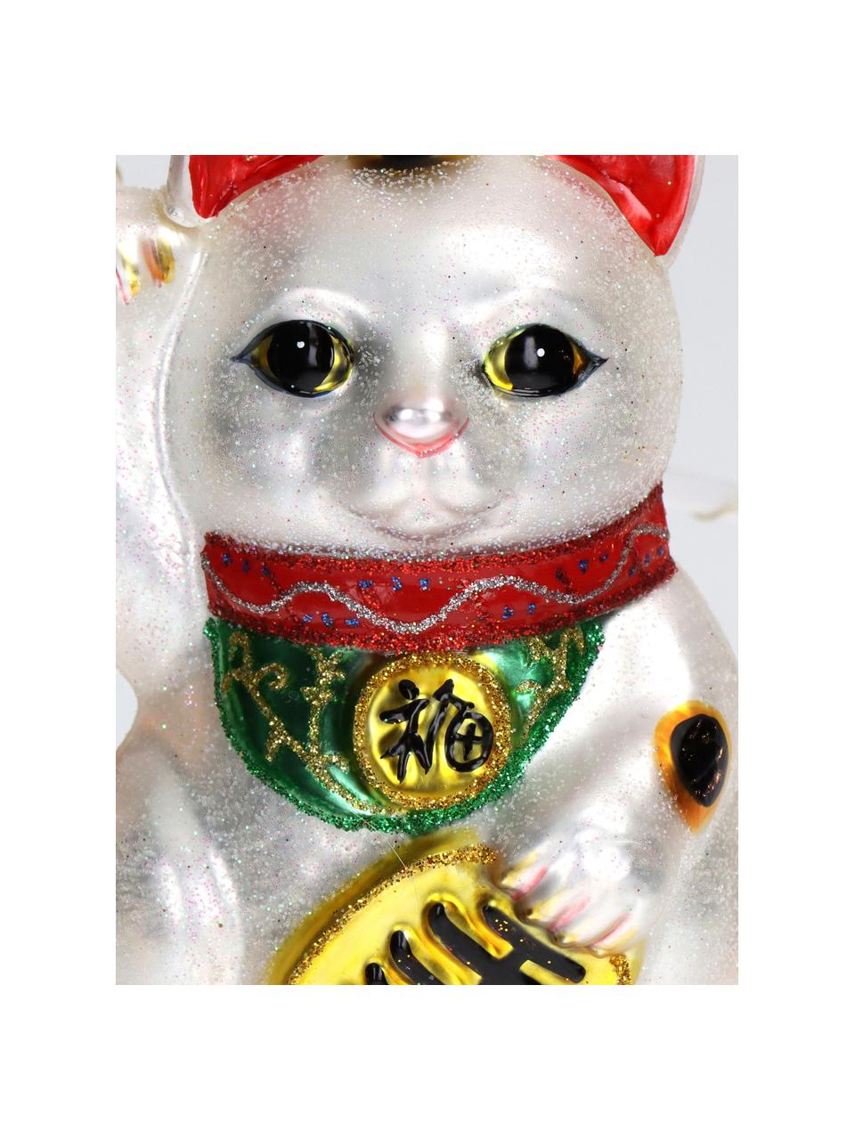 Baumanhänger Fortune Cat, Glas, Silberfarben, Bunt, B 7 x H 11 cm