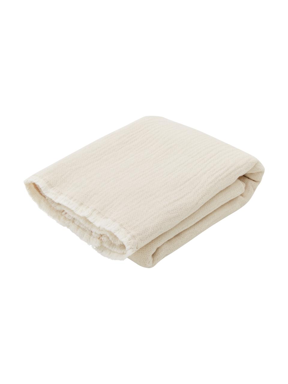 Manta de doble cara de algodón con flecos Thyme, 100% algodón ecológico, Beige, blanco crema, An 130 x L 180 cm
