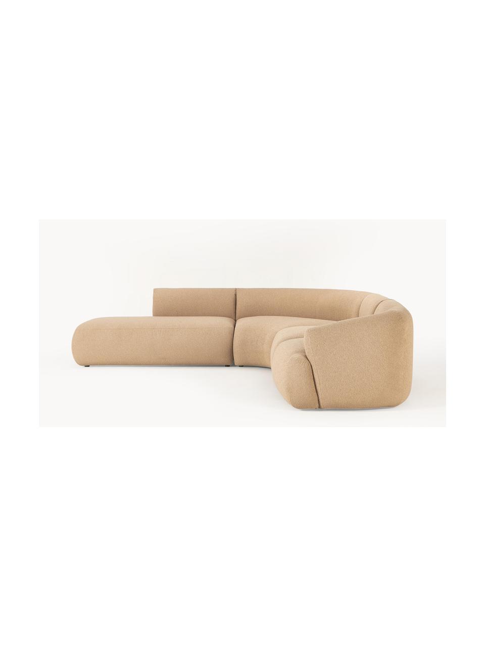 Sofá rinconera modular en tejido bouclé Sofia (4 plazas), Tapizado: tejido bouclé (100% polié, Estructura: madera de abeto, tablero , Patas: plástico Este producto es, Bouclé beige, An 319 x F 298 cm, chaise longue derecha