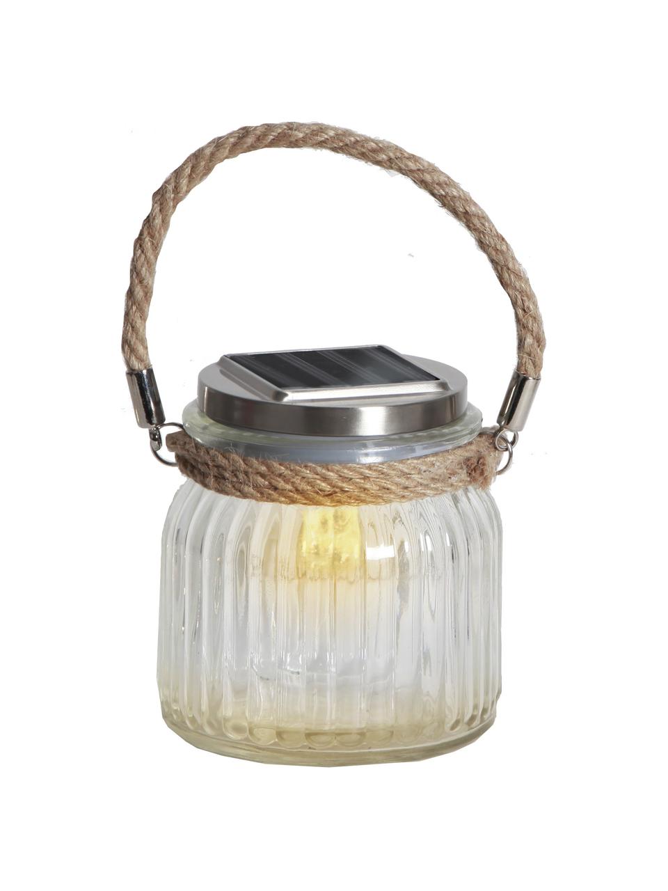 Lámpara farolillo solar para exterior Glass Jar, Pantalla: vidrio, Asa: sisal, Transparente, plateado, Ø 11 x Al 12 cm
