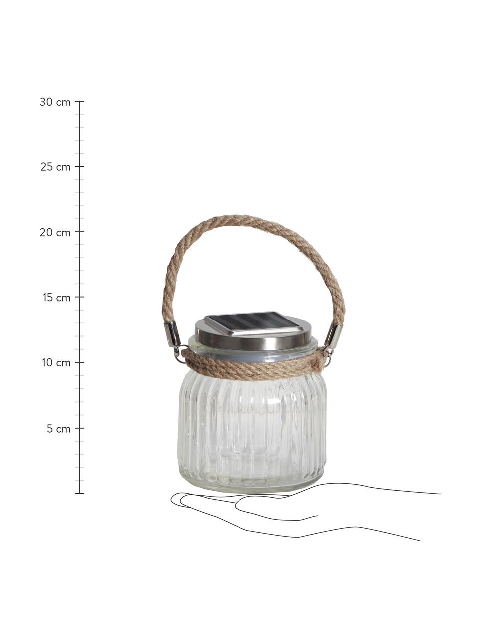 Lámpara farolillo solar para exterior Glass Jar, Pantalla: vidrio, Asa: sisal, Transparente, plateado, Ø 11 x Al 12 cm