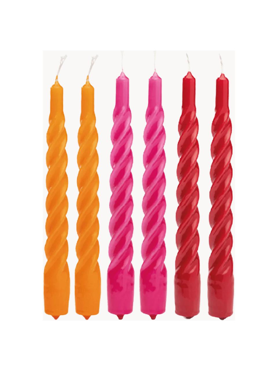 Set di 6 candele a bastoncino Mixed Twisted, Cera paraffinica, Arancione, rosa, rosso, Alt. 20 cm