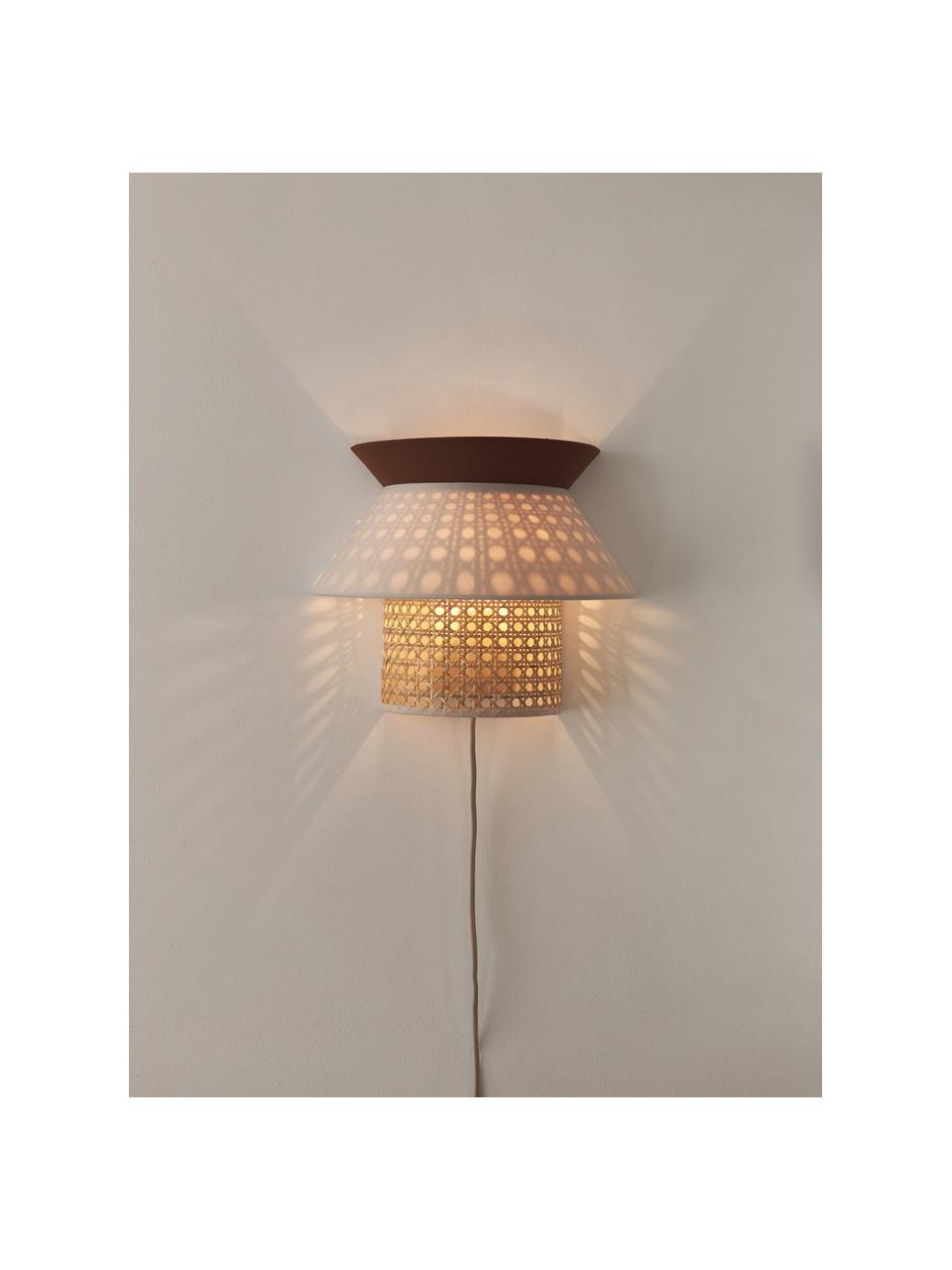 Wandlamp Klea van Weens vlechtwerk, Lampenkap: bamboe, textiel, Baldakijn: gepoedercoat metaal, Lichtbeige, bruin, B 30 x H 25 cm