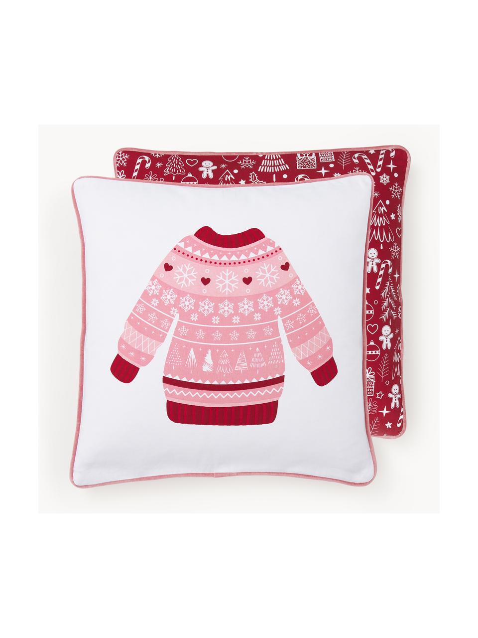 Oboustranný povlak na polštář se zimním motivem Sweater, Bílá, červená, starorůžová, Š 45 cm, D 45 cm