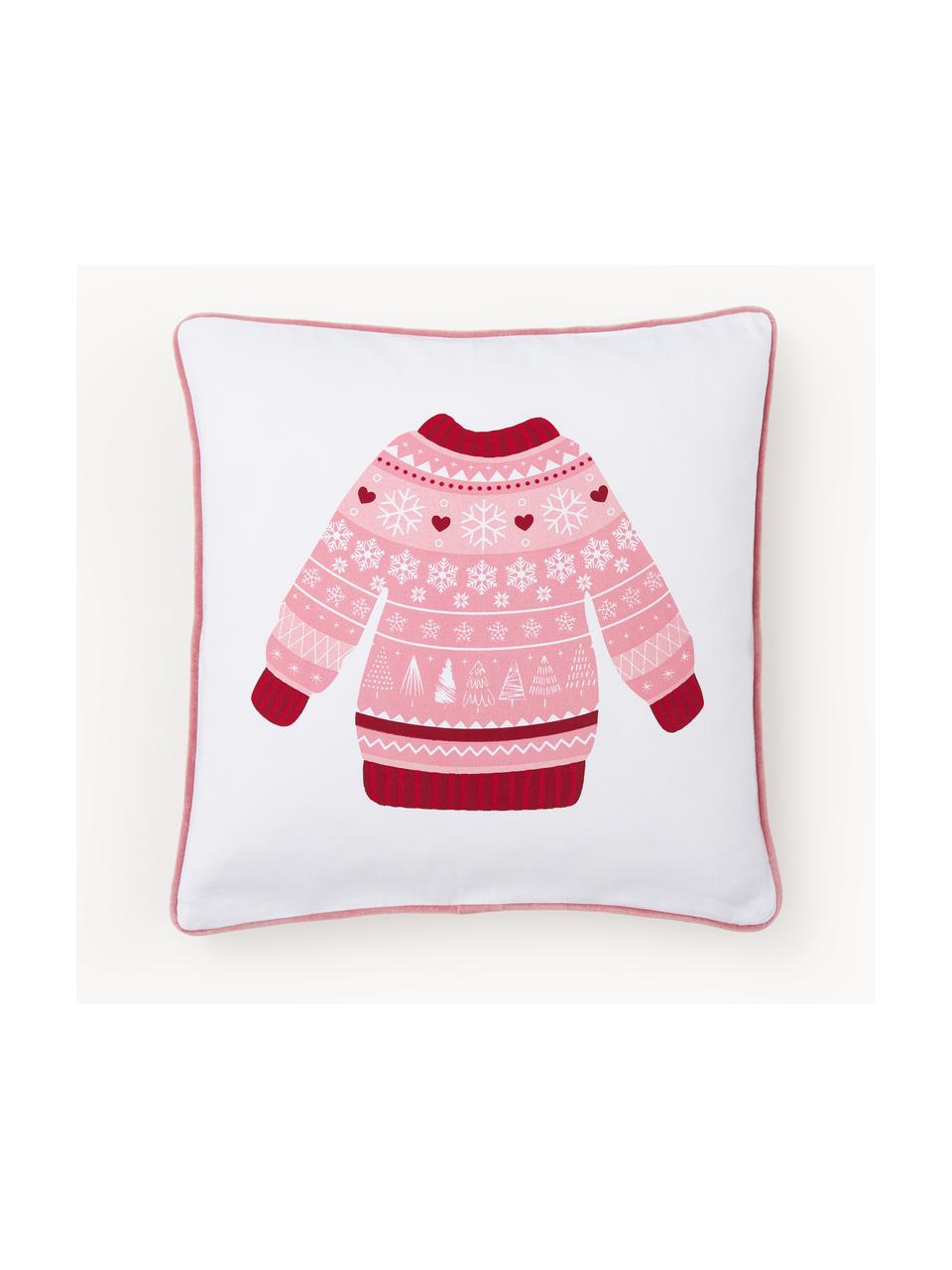 Copricuscino reversibile con motivo invernale Sweater, Rivestimento: 100% cotone, Bianco, rosso, rosa antico, Larg. 45 x Lung. 45 cm