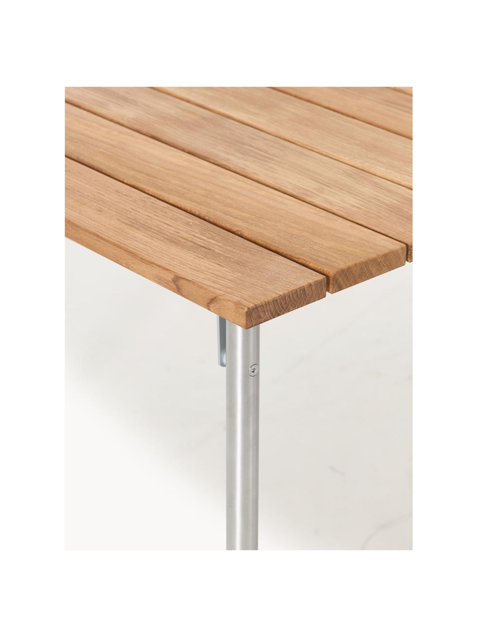 Ręcznie wykonany stół ogrodowy z drewna tekowego Prato, różne rozmiary, Drewno tekowe, stal szlachetna, Drewno tekowe, odcienie srebrnego, S 140 x G 90 cm
