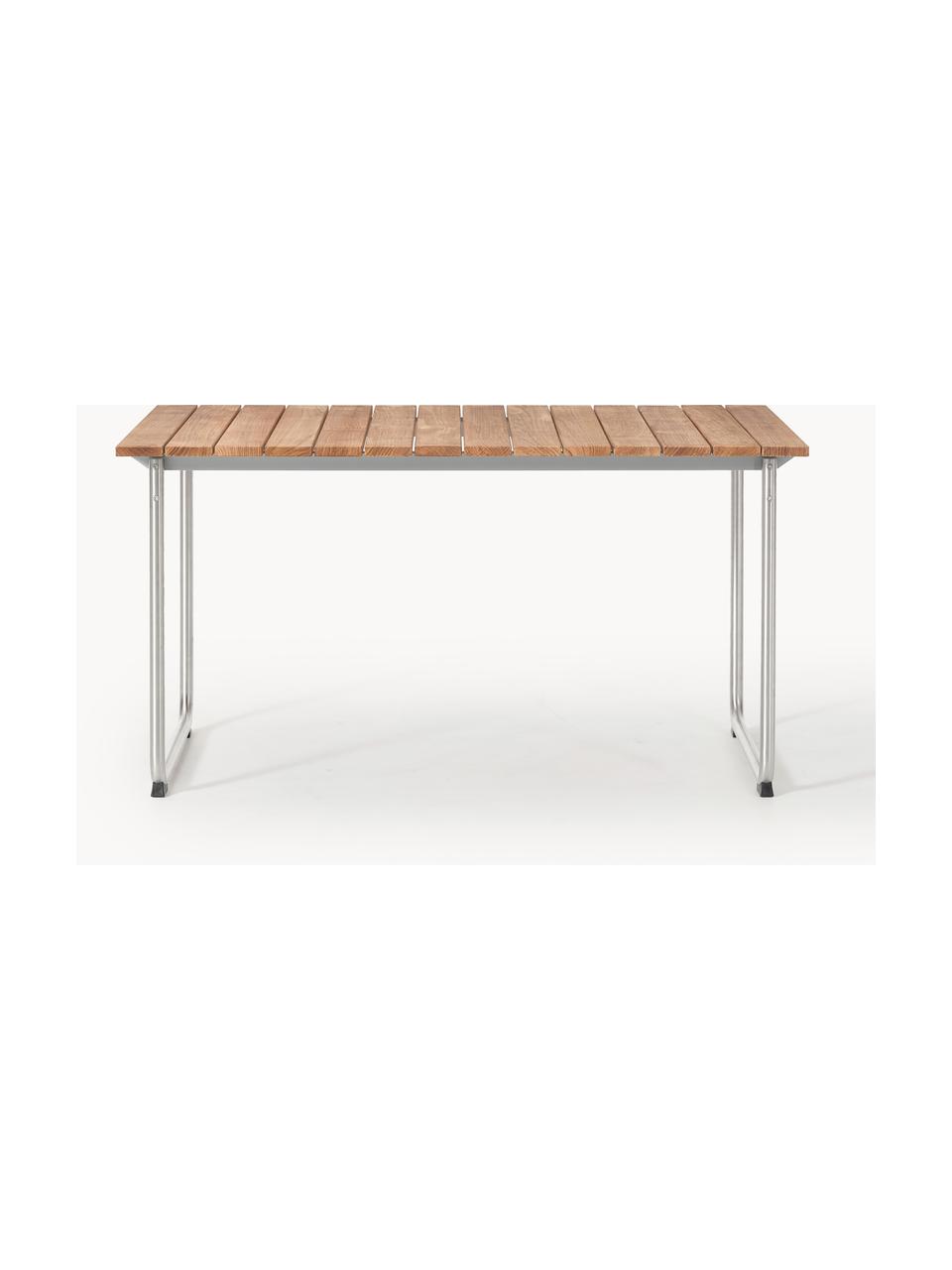 Ręcznie wykonany stół ogrodowy z drewna tekowego Prato, różne rozmiary, Drewno tekowe, stal szlachetna, Drewno tekowe, odcienie srebrnego, S 140 x G 90 cm