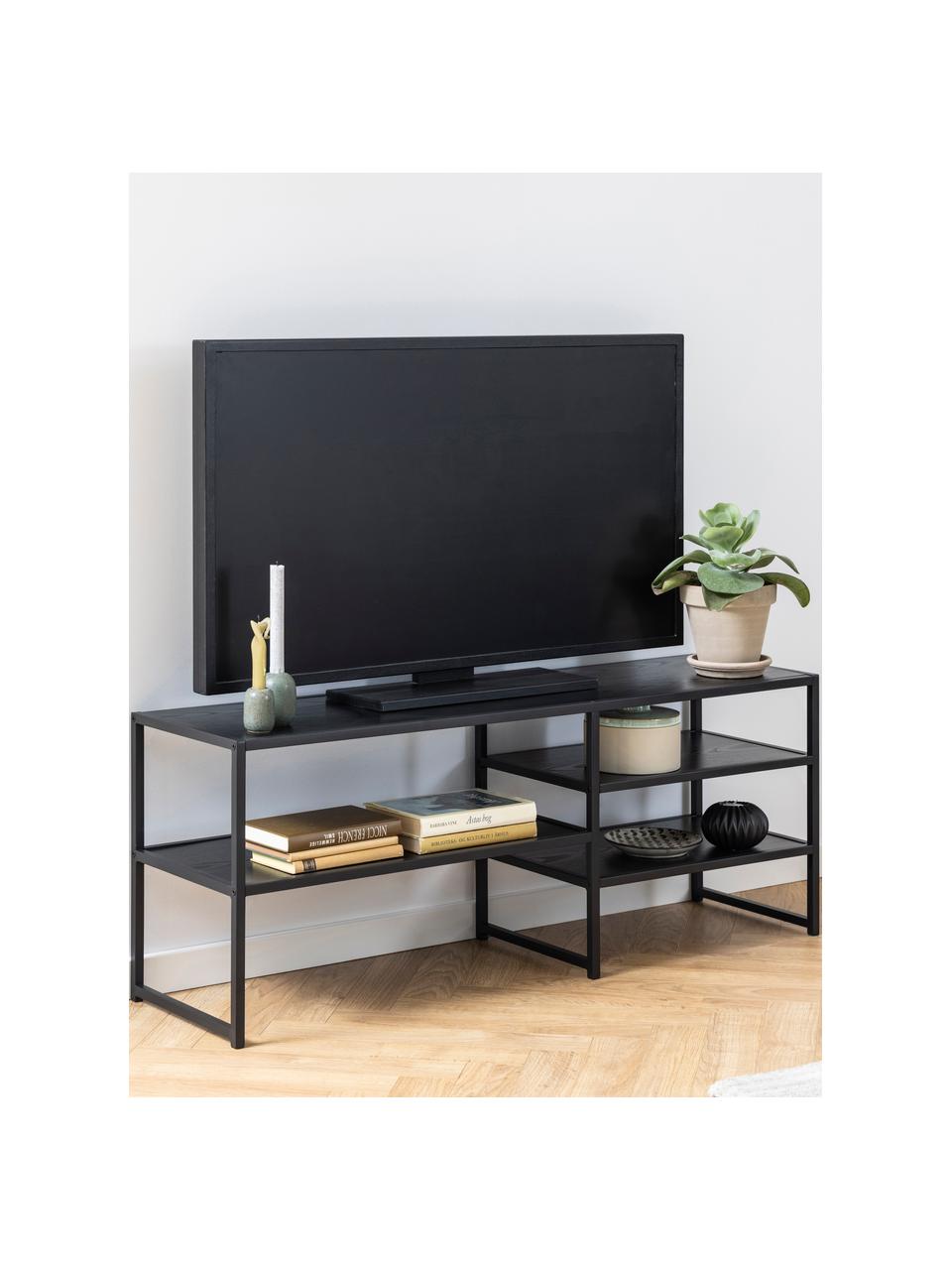 Tv-meubel Seaford van hout en metaal, Plateaus: gelamineerd MDF, gelakt, Frame: gepoedercoat metaal, Antraciet, zwart, B 120 x H 46 cm