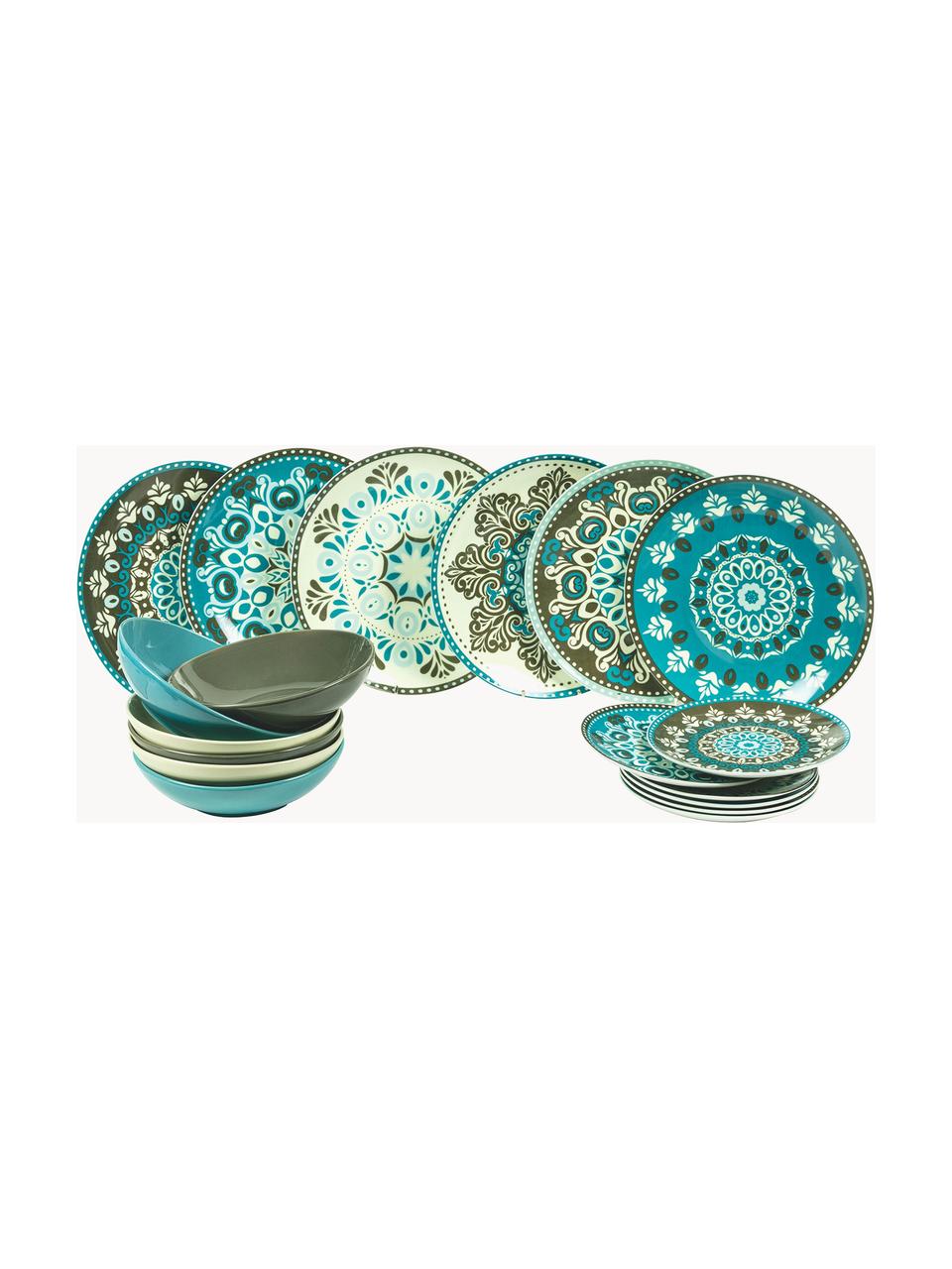 Vajilla de porcelana Cala Jondal, 6 comensales (18 pzas.), Porcelana, Tonos verdes y azules, 6 comensales (18 pzas.)