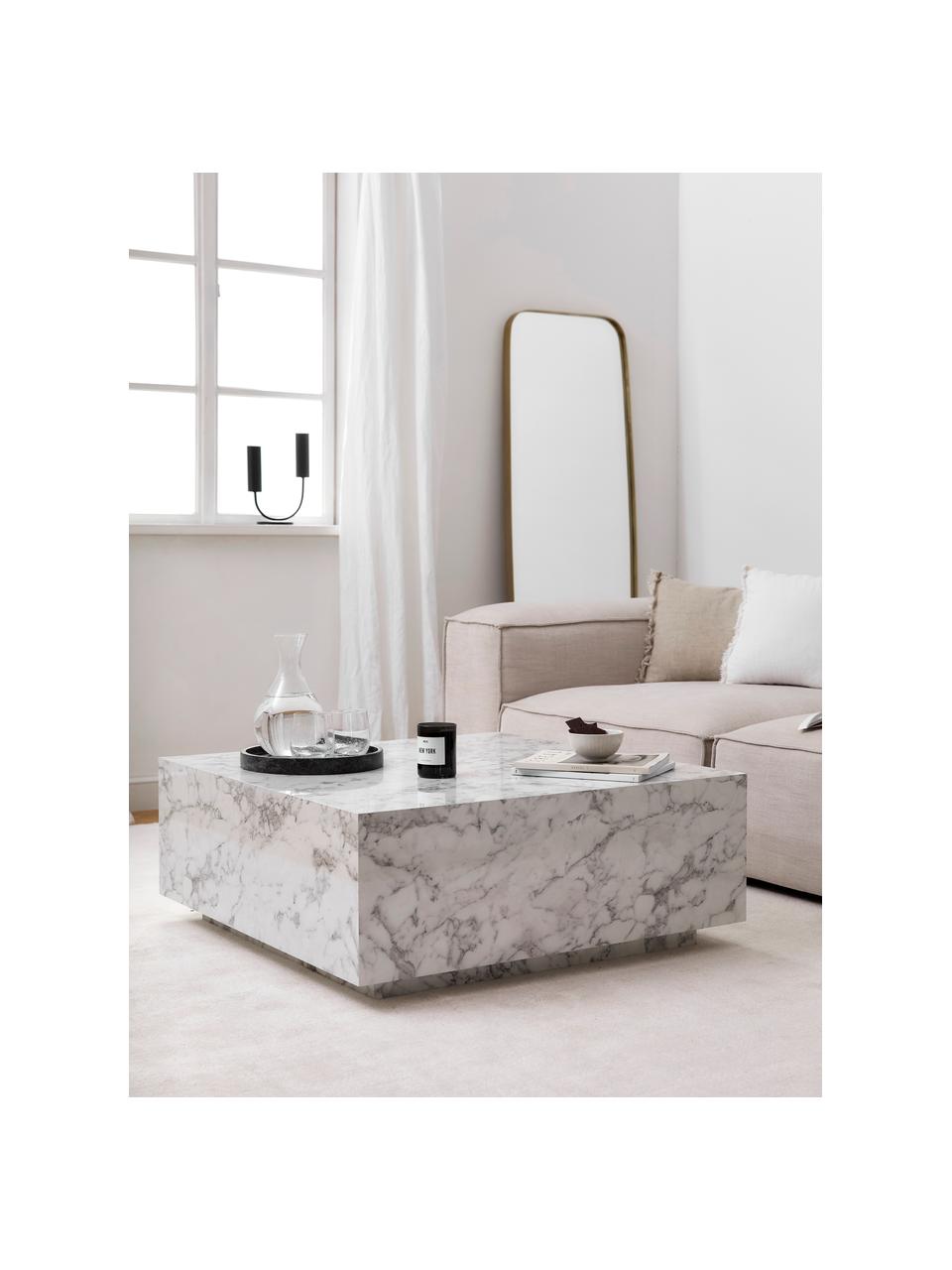 Tavolino da salotto leggero effetto marmo Lesley, Pannello di fibra a media densità (MDF) rivestito con foglio di melamina, Bianco-grigio, Larg. 90 x Alt. 35 cm