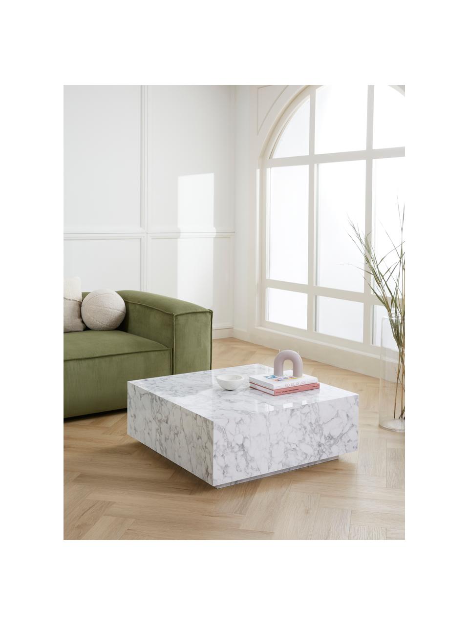 Mesa de centro en look mármol Lesley, Tablero de fibras de densidad media (MDF) recubierto en melanina, Mármol blanco brillante, An 90 x F 90 cm