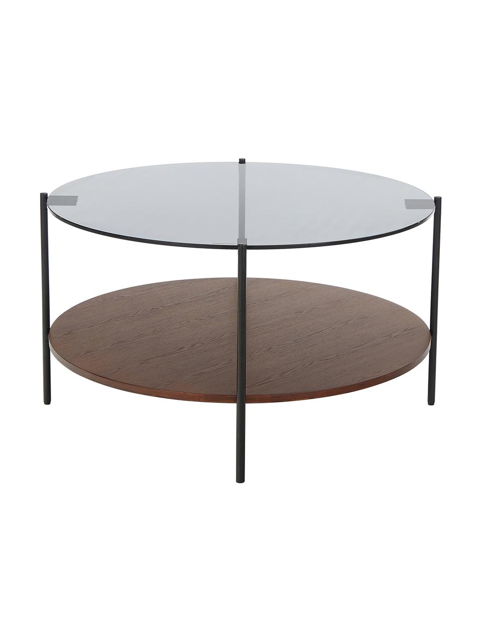Couchtisch Valentina mit Glasplatte, Tischplatte: Glas, Ablagefläche: Mitteldichte Holzfaserpla, Gestell: Metall, pulverbeschichtet, Eschenholz, Schwarz, Ø 84 cm