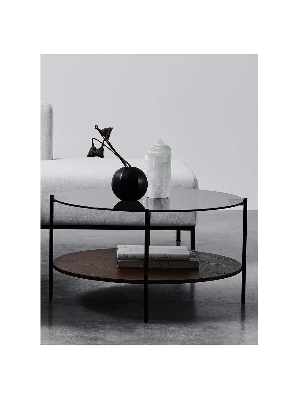 Couchtisch Valentina mit Glasplatte, Tischplatte: Glas, Ablagefläche: Mitteldichte Holzfaserpla, Gestell: Metall, pulverbeschichtet, Eschenholz, Schwarz, Ø 84 cm
