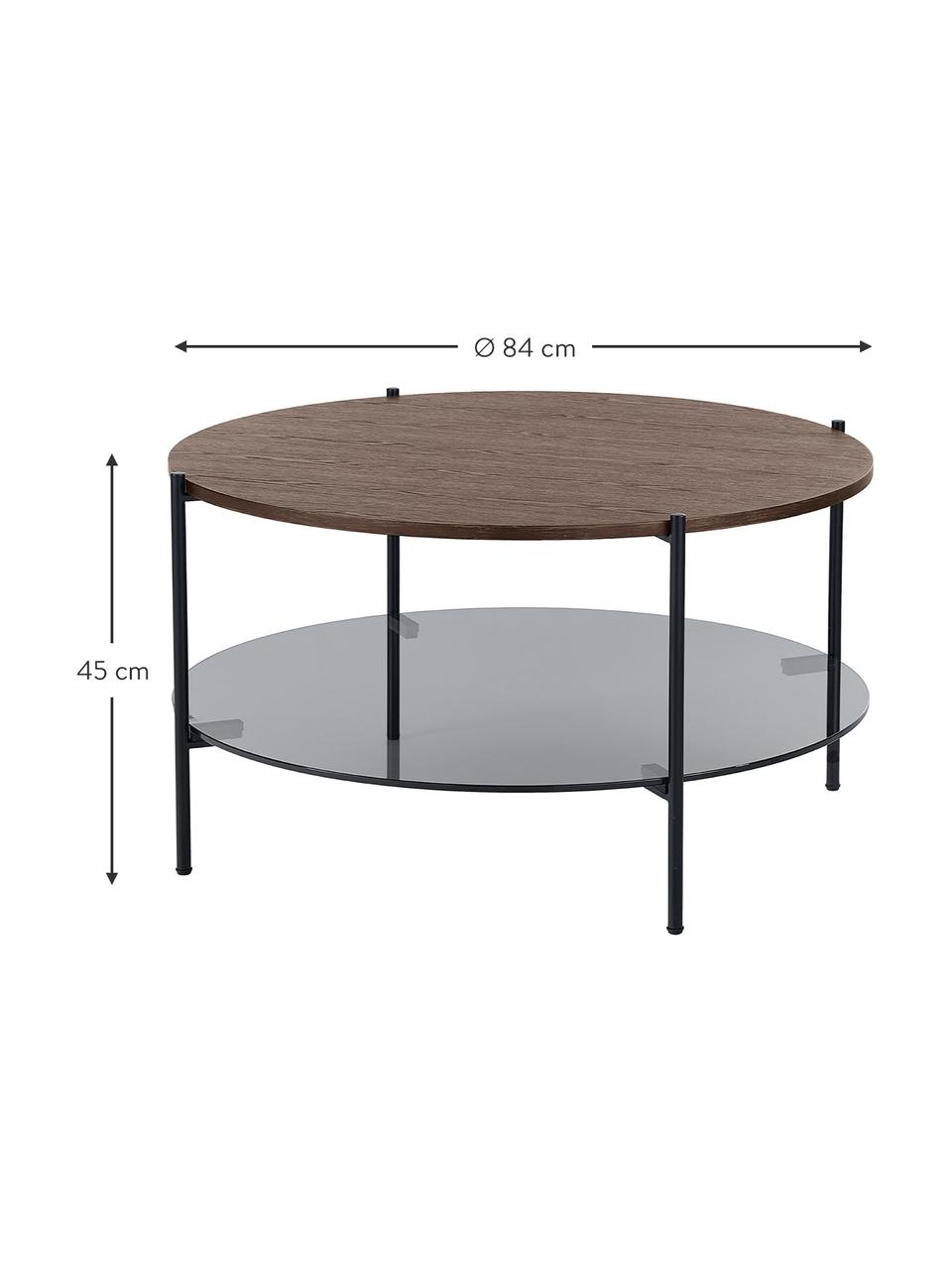 Table basse en verre Valentina, Plateau : verre, noir teinté Tablette : placage en frêne, brun, Ø 84 cm
