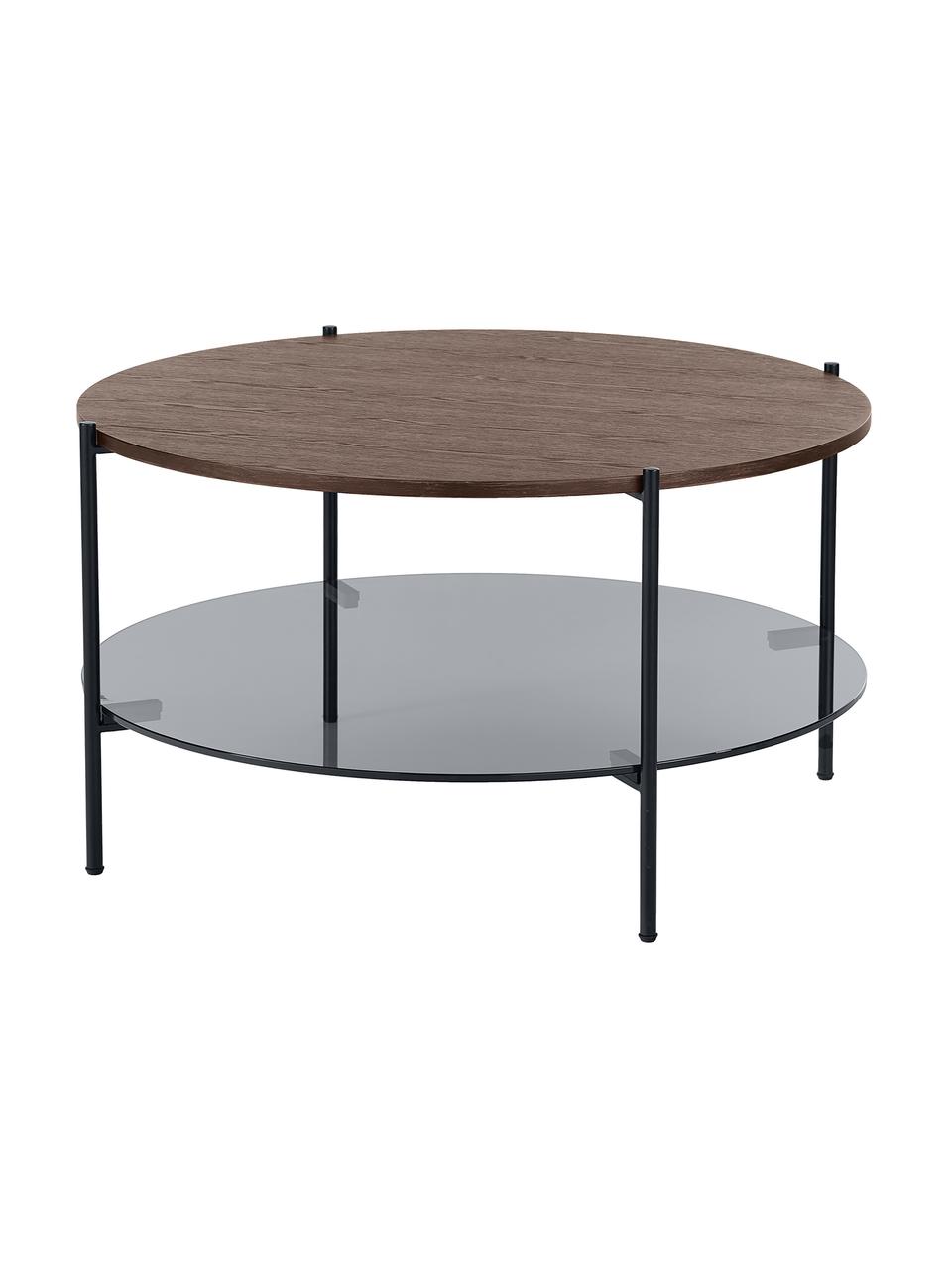 Couchtisch Valentina mit Glasplatte, Tischplatte: Glas, Ablagefläche: Mitteldichte Holzfaserpla, Gestell: Metall, pulverbeschichtet, Eschenholz, Schwarz, Ø 84 cm
